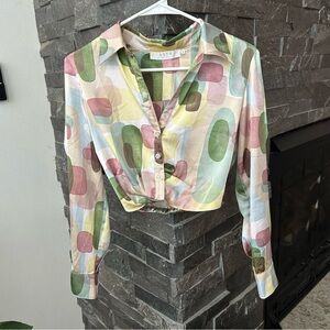 ASTR Camden Geo Print Button Down Crop Top